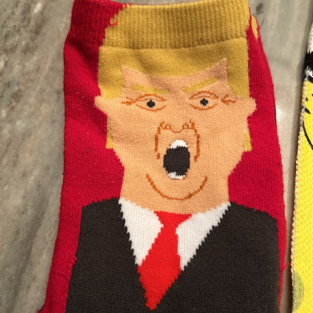 3 pairs NWOT fancy socks Sponge Bob, Trump yelling & British Flag all new!